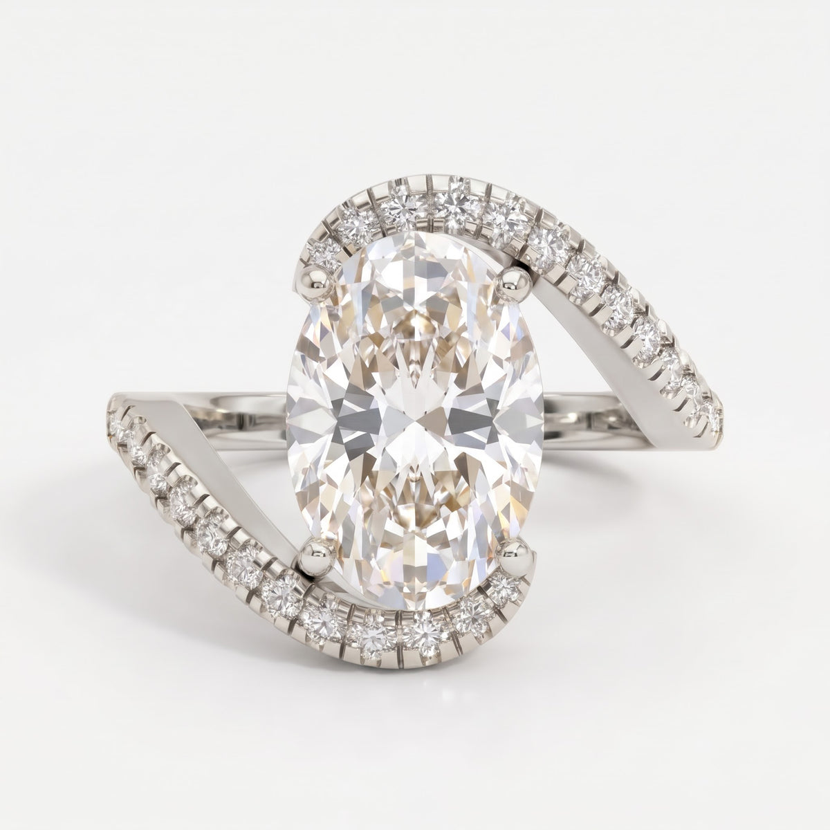 Celestia Twist Oval Diamond Crossover Side Stone Ring