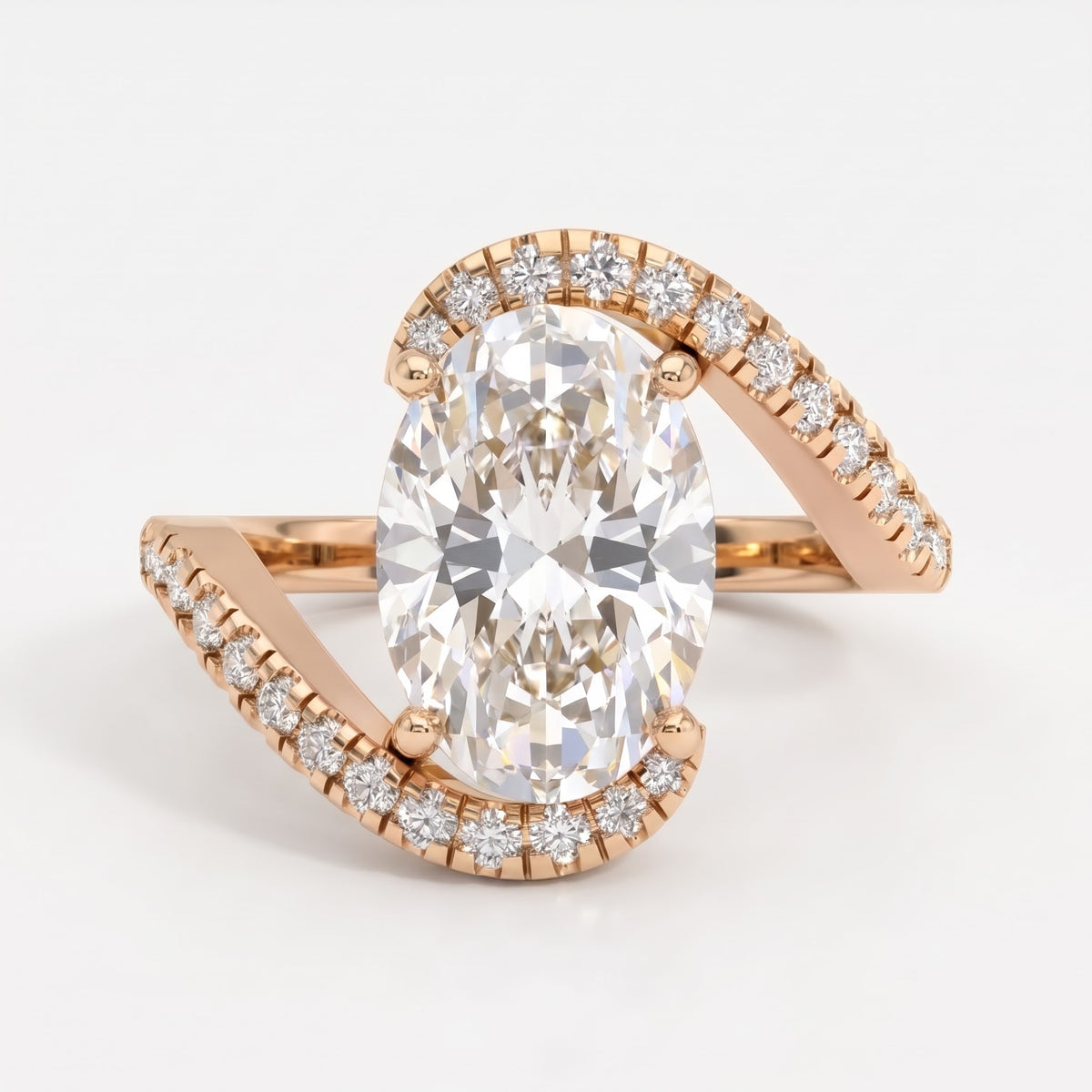 Celestia Twist Oval Diamond Crossover Side Stone Ring
