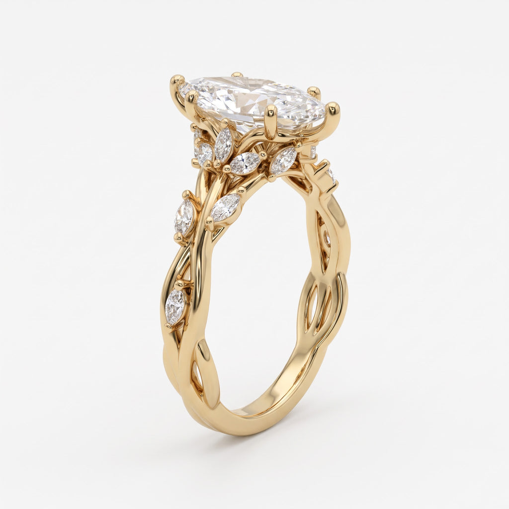 Elegant Floral Vine Marquise Diamond side stone Engagement Ring