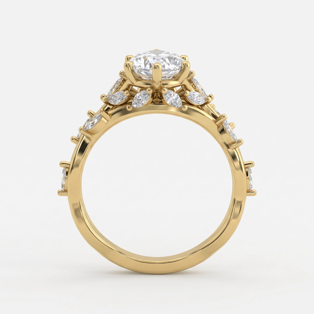 Elegant Floral Vine Marquise Diamond side stone Engagement Ring