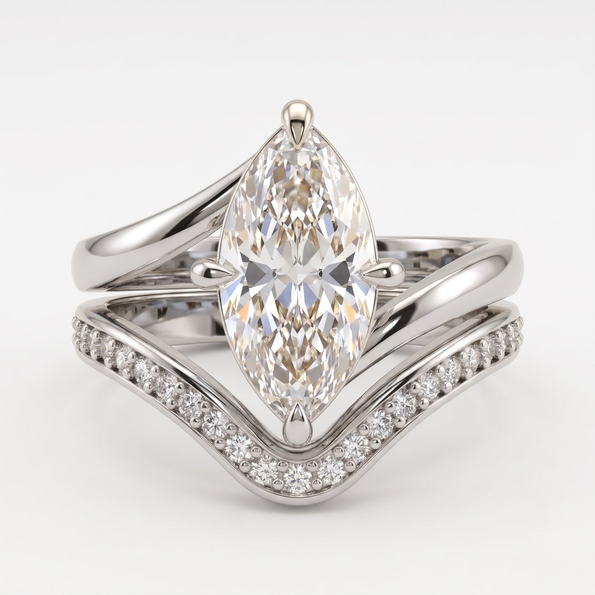 Elegant Marquise cut Diamond V-Shaped Pavé Side Stone Ring