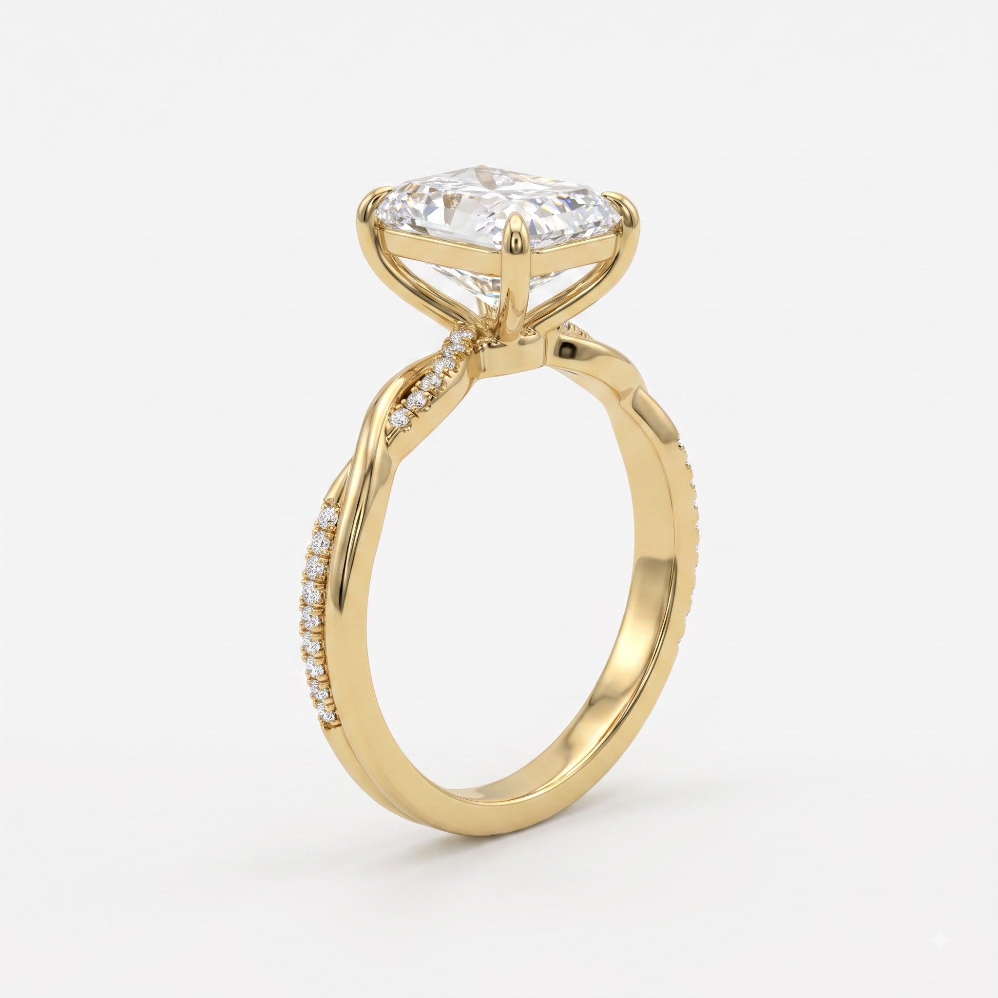 Radiant Diamond Sculpted Crossover Split-Shank Side Stone Ring