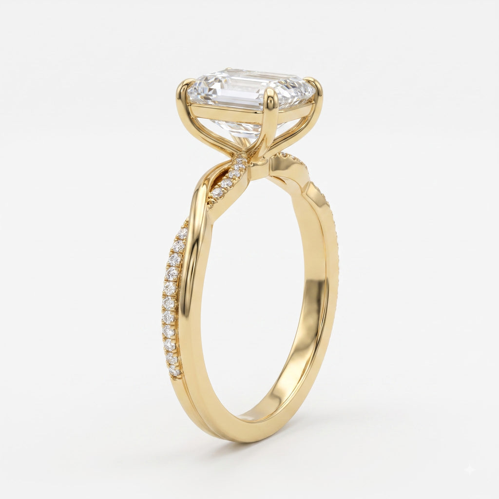 The Lumière Emerald Cut Diamond Twisted Pavé Side Stone Ring