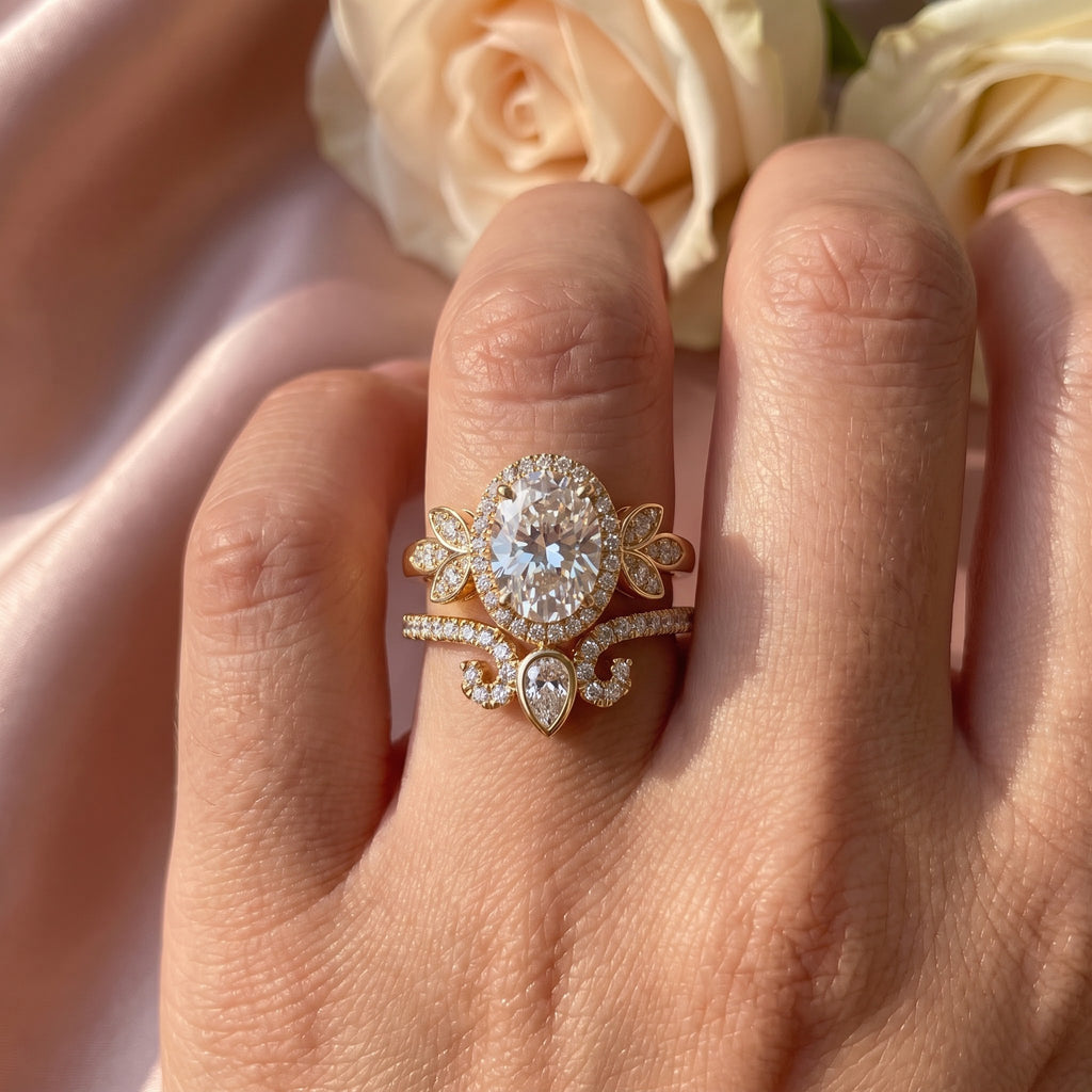 The Celestine Bloom Oval Diamond Bridal Set Vintage Ring