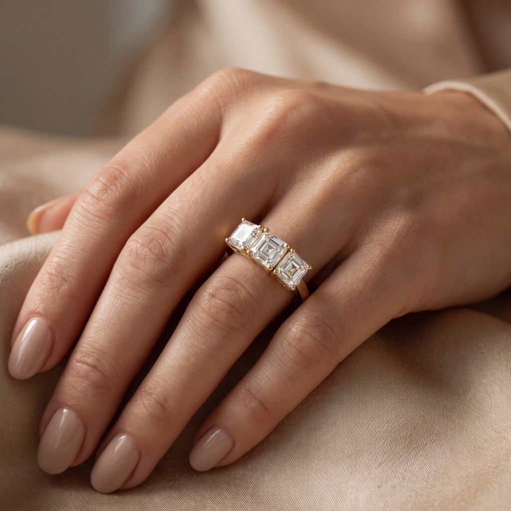 Modern Luxury three matching Ascher-cut diamonds Eternity Ring