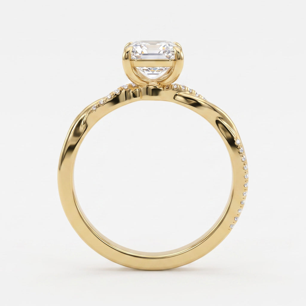 Asscher Cut Twist Pavé Diamond Side Stone Engagement Ring
