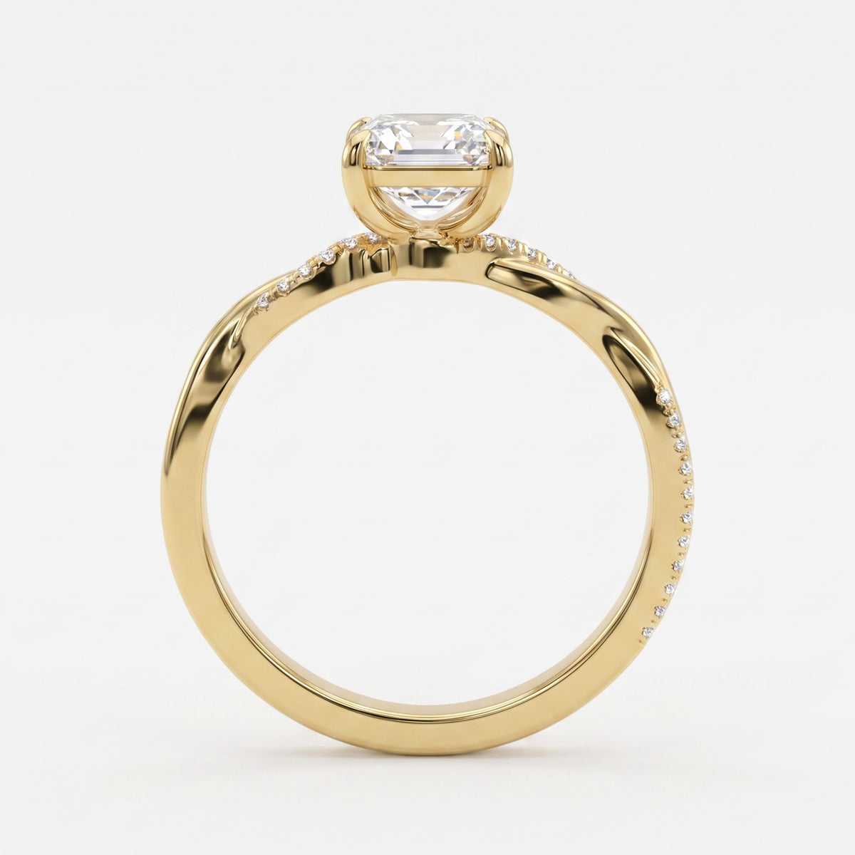 Asscher Cut Twist Pavé Diamond Side Stone Engagement Ring