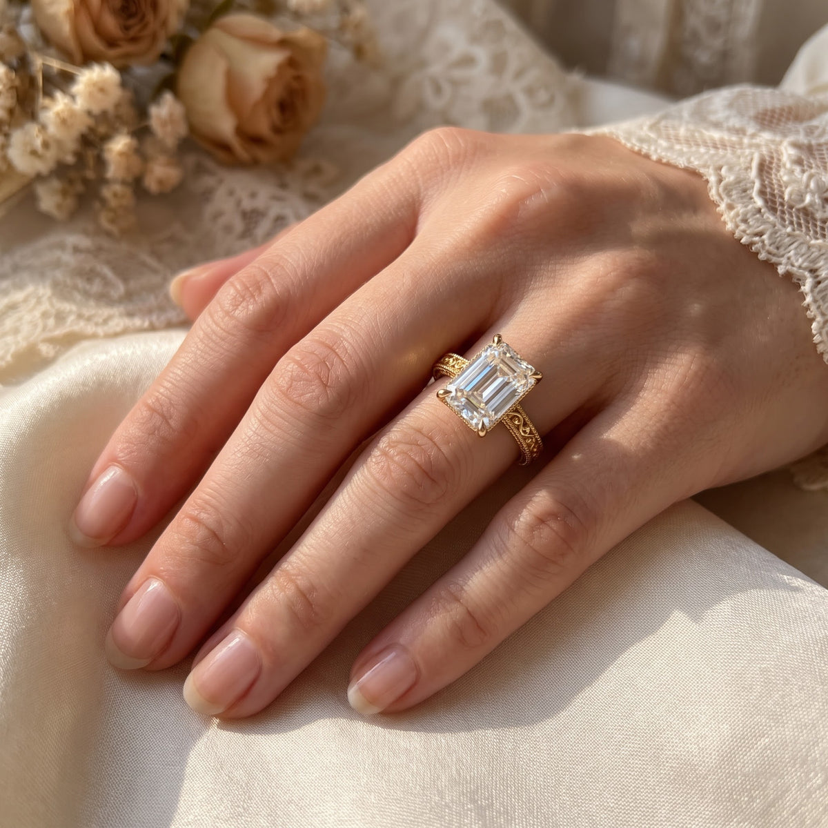 Evelyn Vintage Filigree Emerald Diamond Hidden Halo Ring
