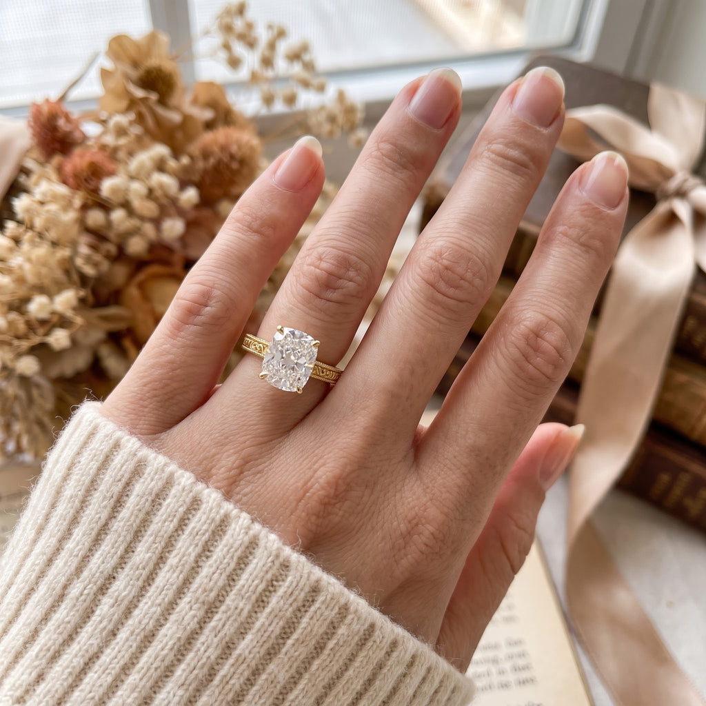 Vintage Inspired Long Cushion Cut Diamond Hidden Halo Ring