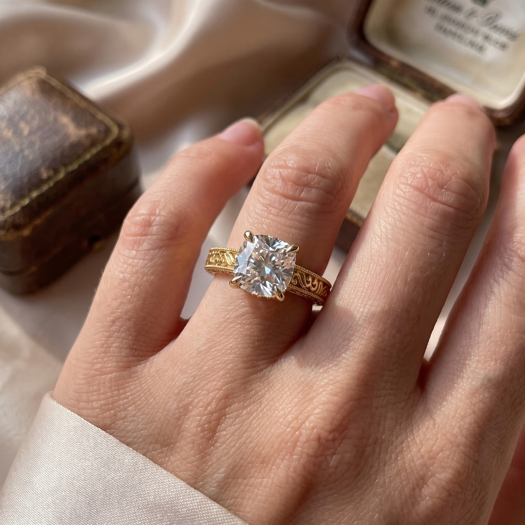 Luxury Vintage Inspired Cushion Cut Diamond Hidden Halo Ring