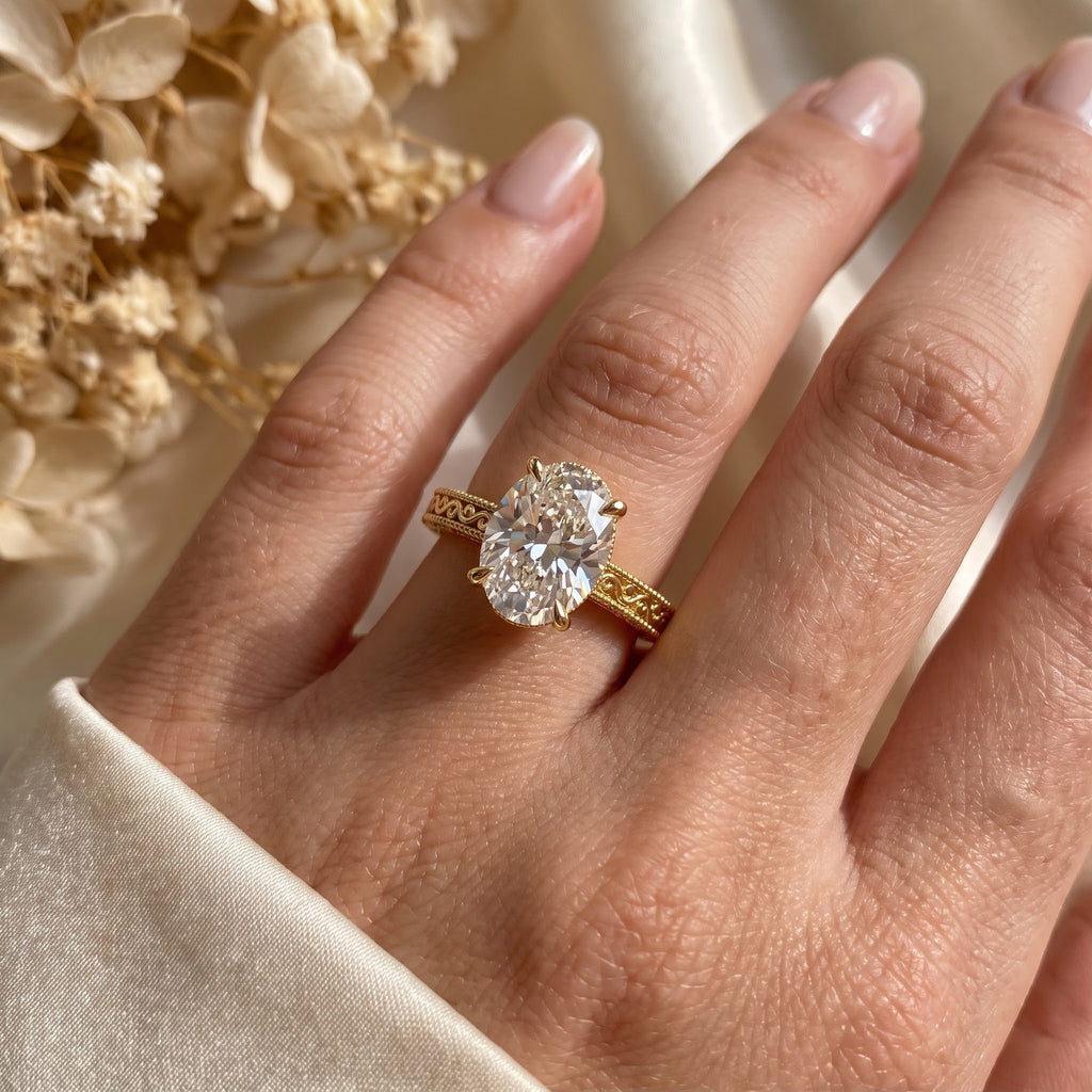 Aurelia Élan Oval-Cut Vintage Scrollwork Hidden Halo Ring