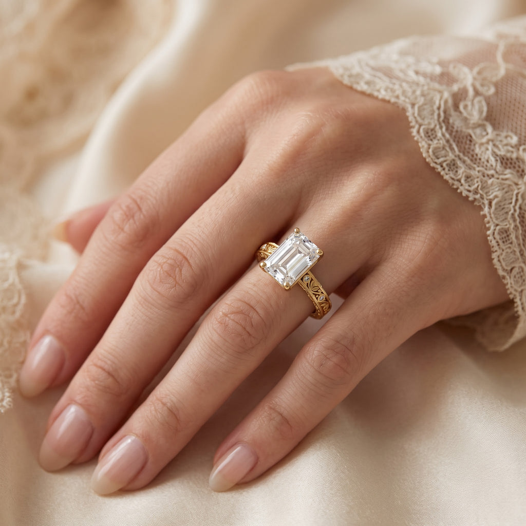 Botanical Motif Emerald-Cut Diamond Vintage Ring