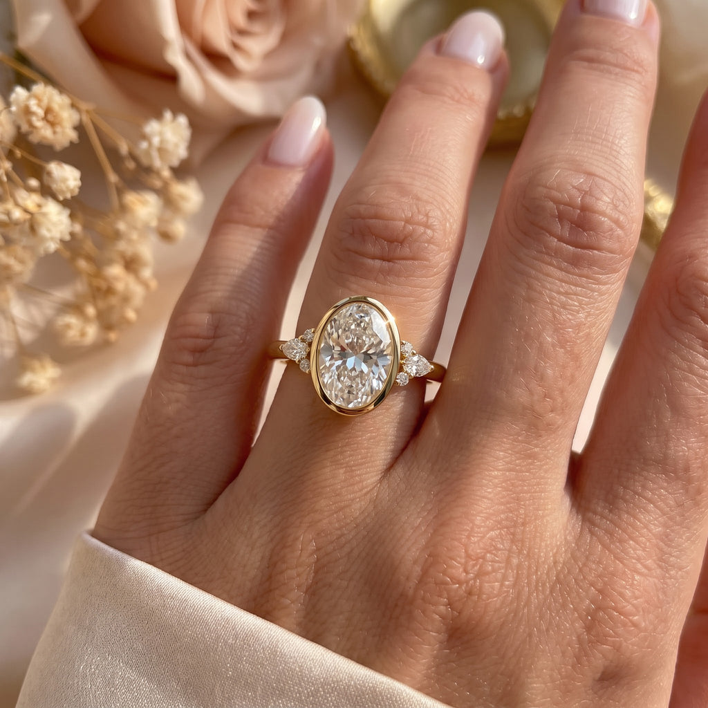 Elegant Oval Diamond Bezel Setting Side-Stone Ring