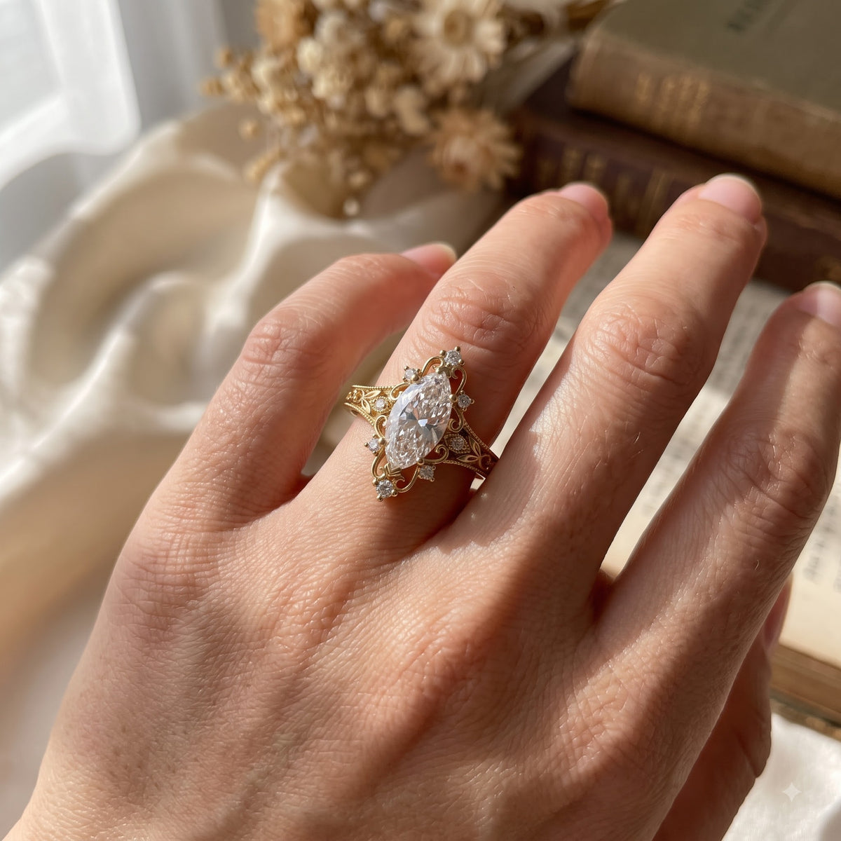 Luxurious Regal Filigree Marquise Diamond Vintage Ring