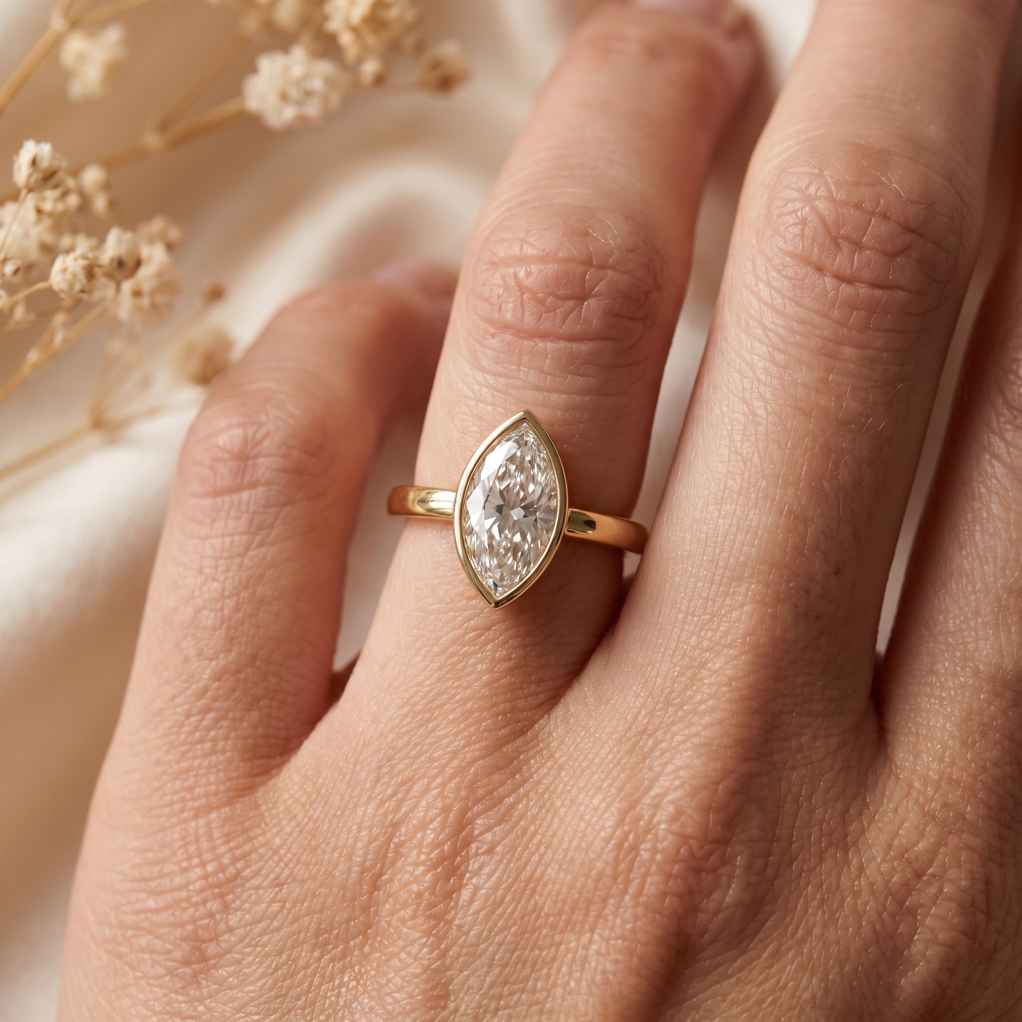 Modern Minimalist Marquise Diamond Bezel Setting Solitaire Ring