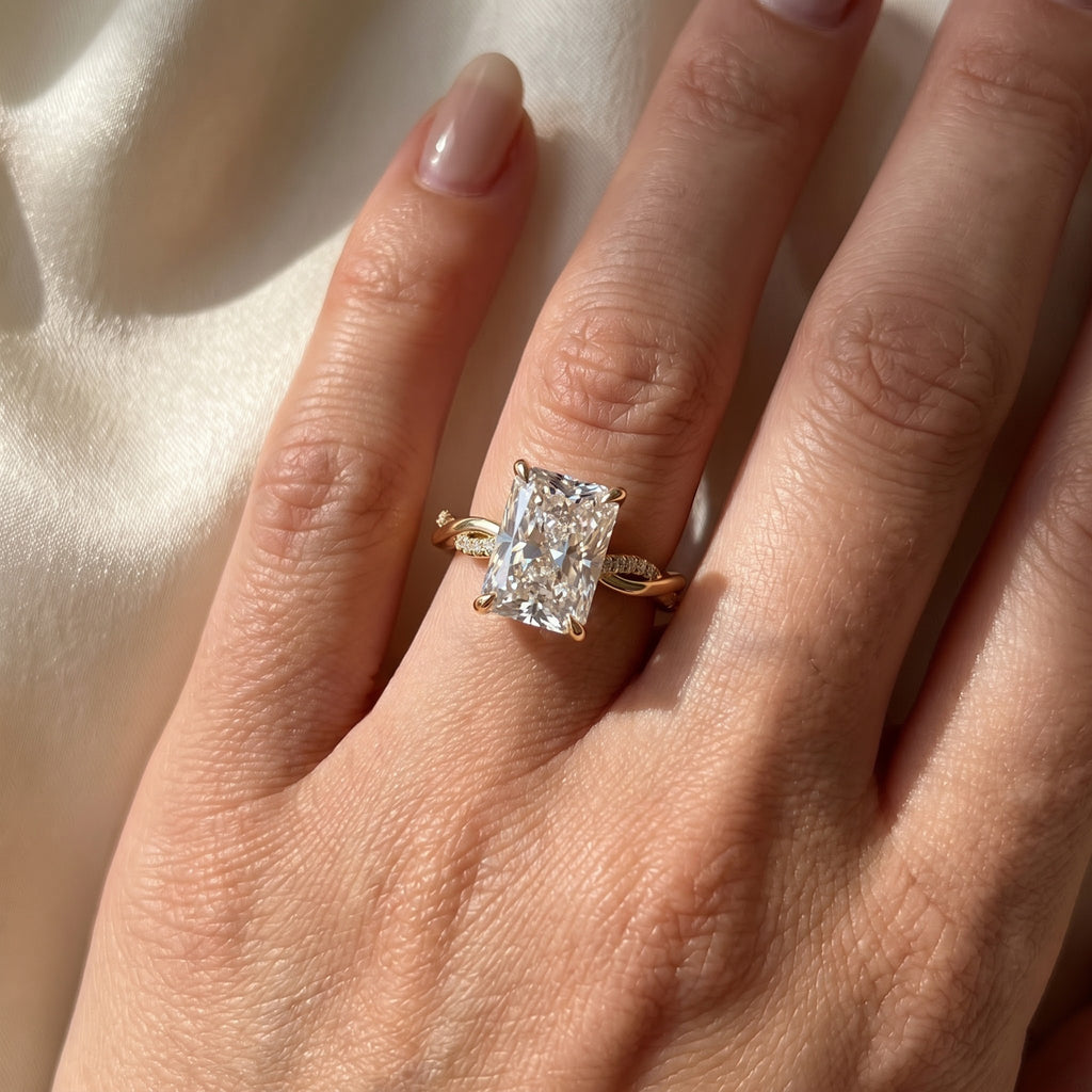 Radiant Diamond Sculpted Crossover Split-Shank Side Stone Ring