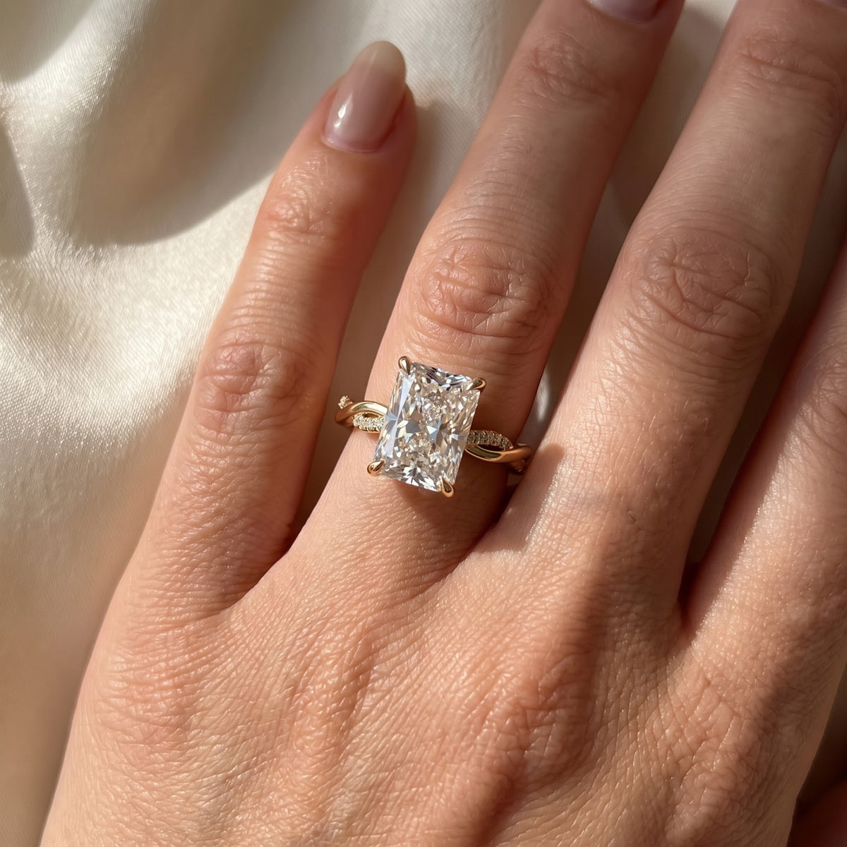 Radiant Diamond Sculpted Crossover Split-Shank Side Stone Ring