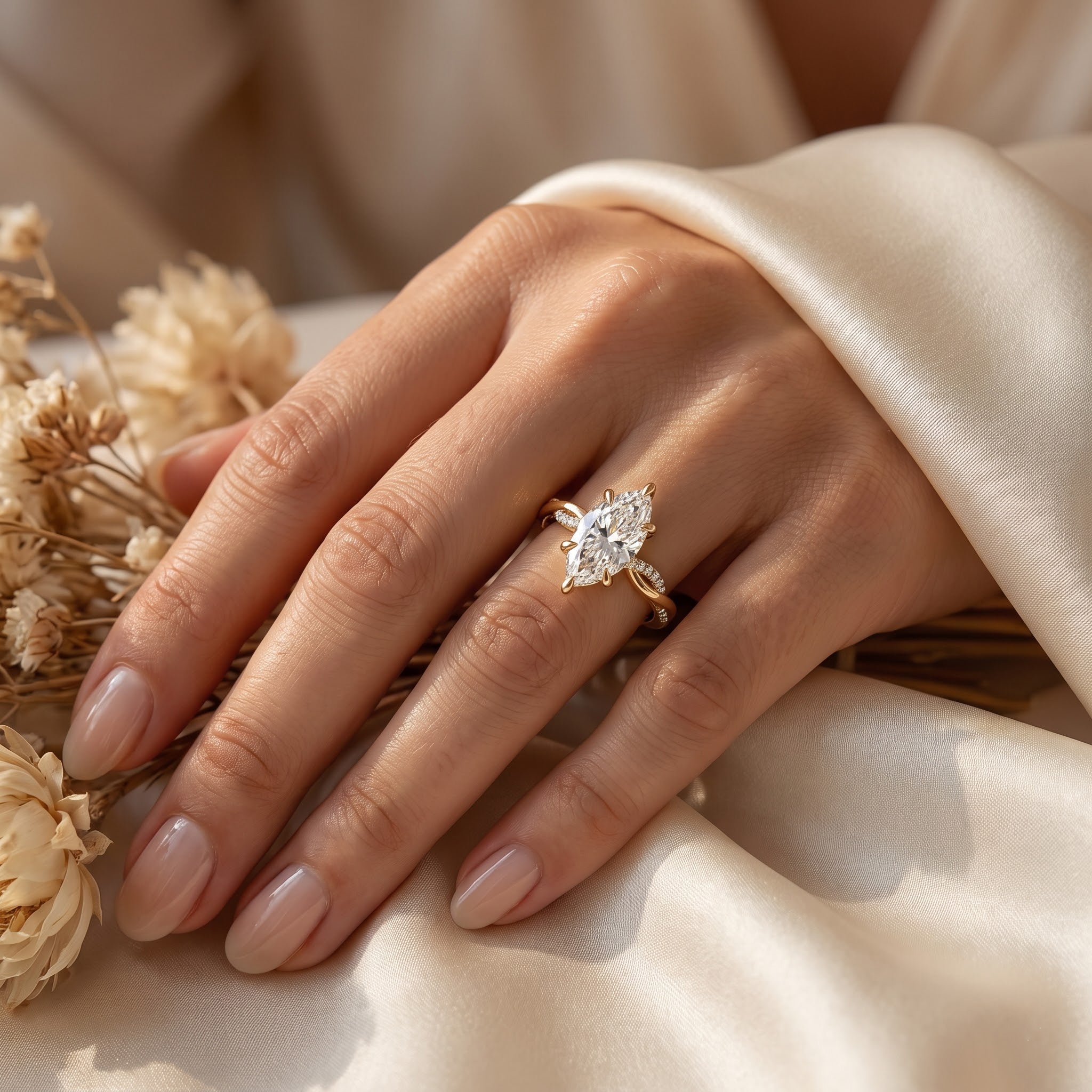 Marquise Cut Diamond Crossover Side Stone Engagement Ring