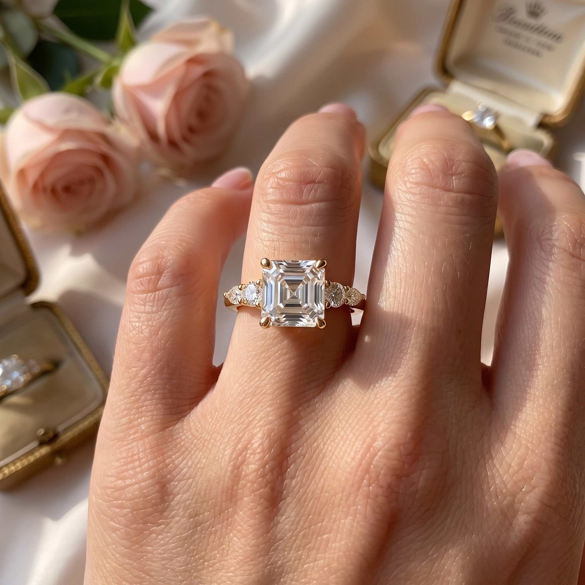 Modern Luxury Aurelia Asscher Five-Stone Diamond Side Stone Ring
