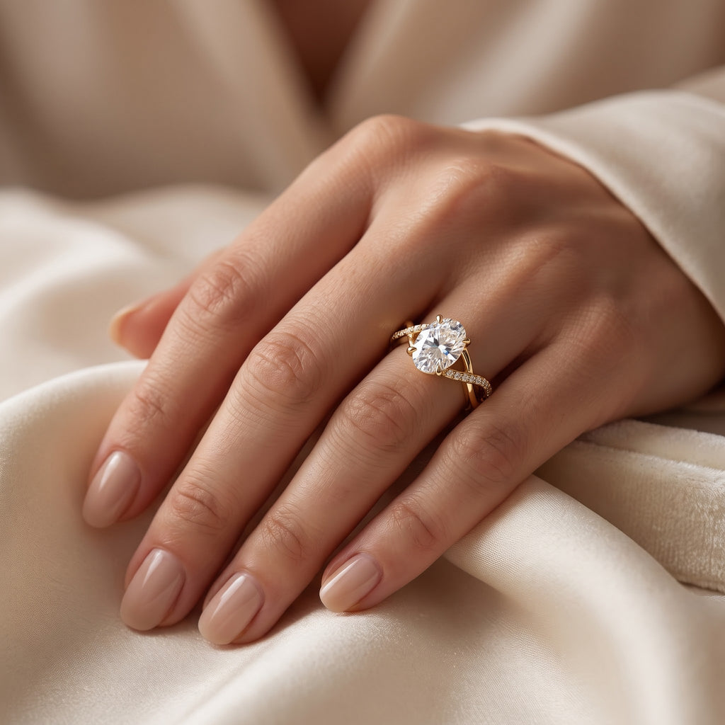 Celestine Oval Diamond Twisted Design Side Stone Ring