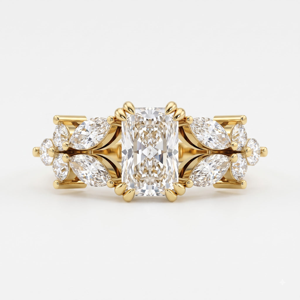 Aurelia Bloom Floral Radiant-Cut Diamond Side Stone Ring