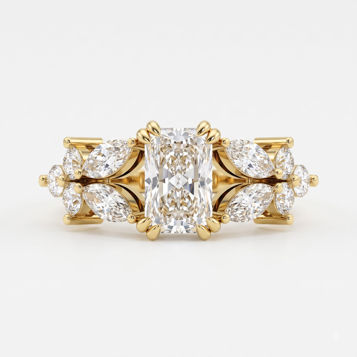Aurelia Bloom Floral Radiant-Cut Diamond Side Stone Ring