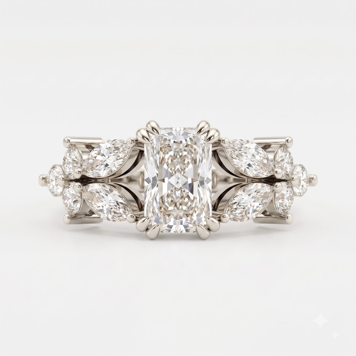 Aurelia Bloom Floral Radiant-Cut Diamond Side Stone Ring