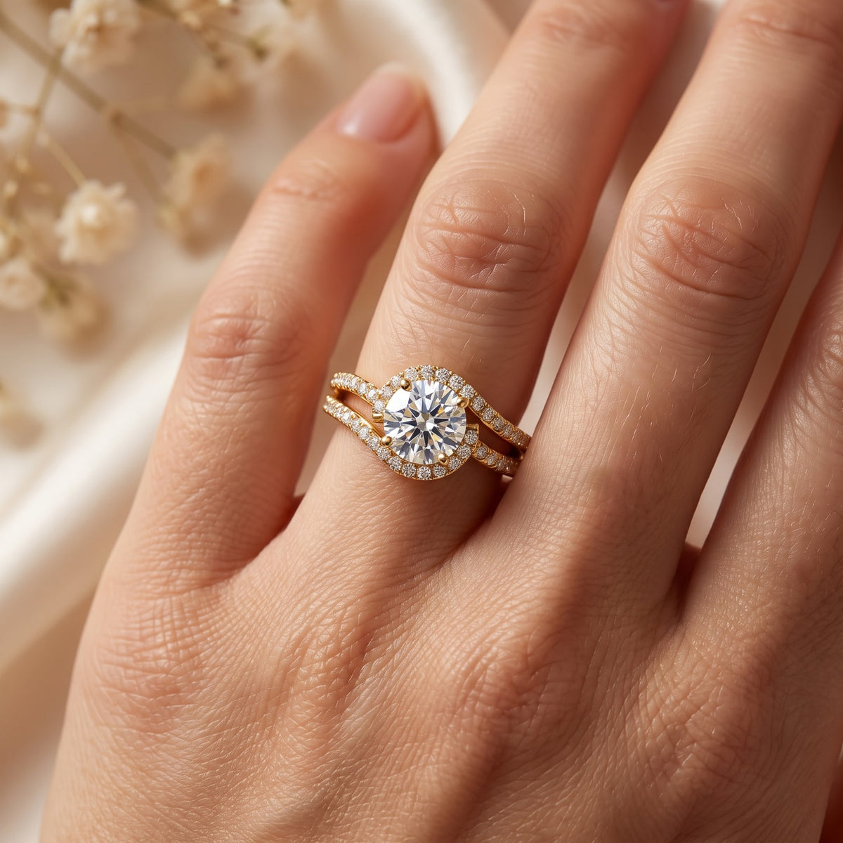 The Celestial Embrace Round Diamond Side Stone Ring