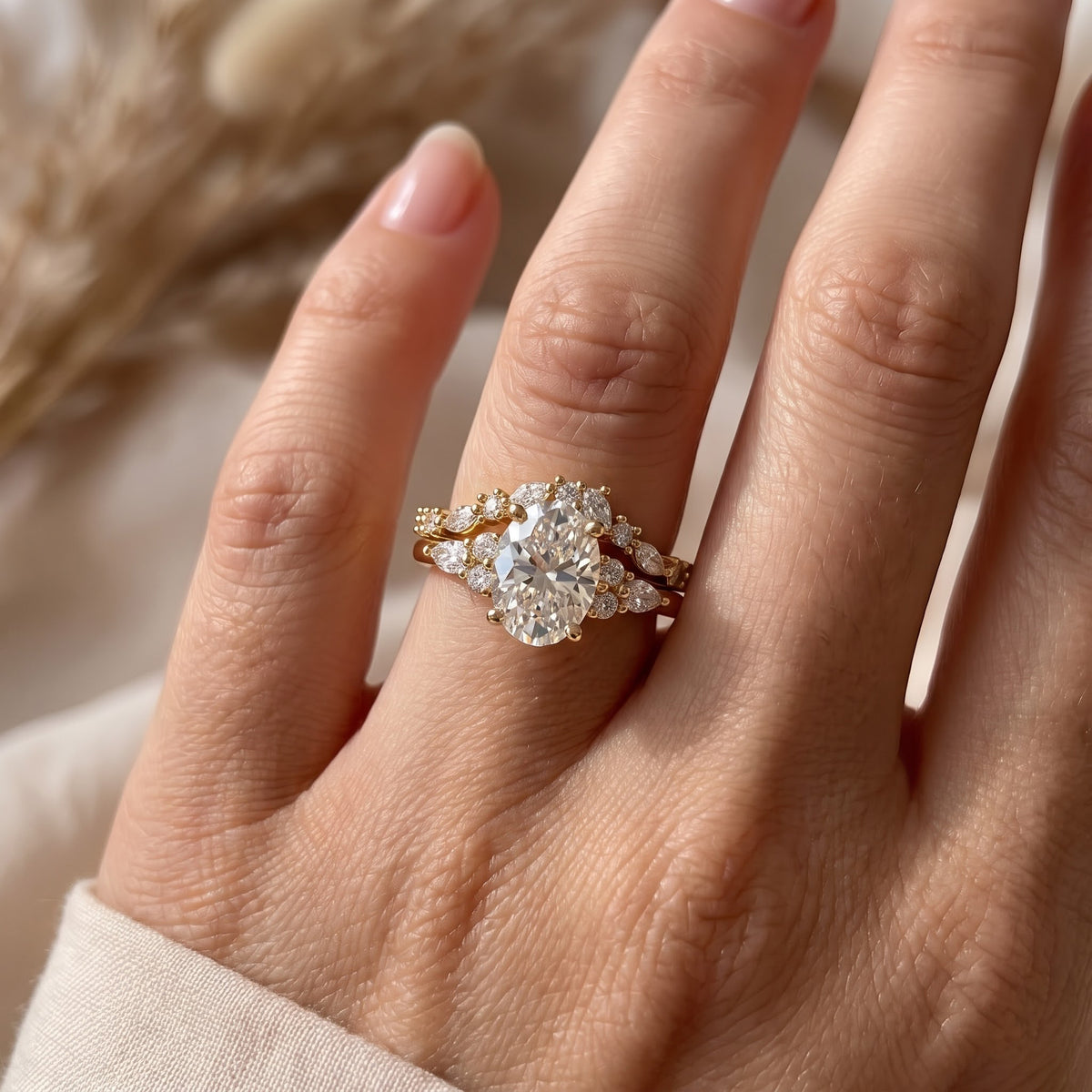 Celestial Glow Oval Diamond Side Stone Ring
