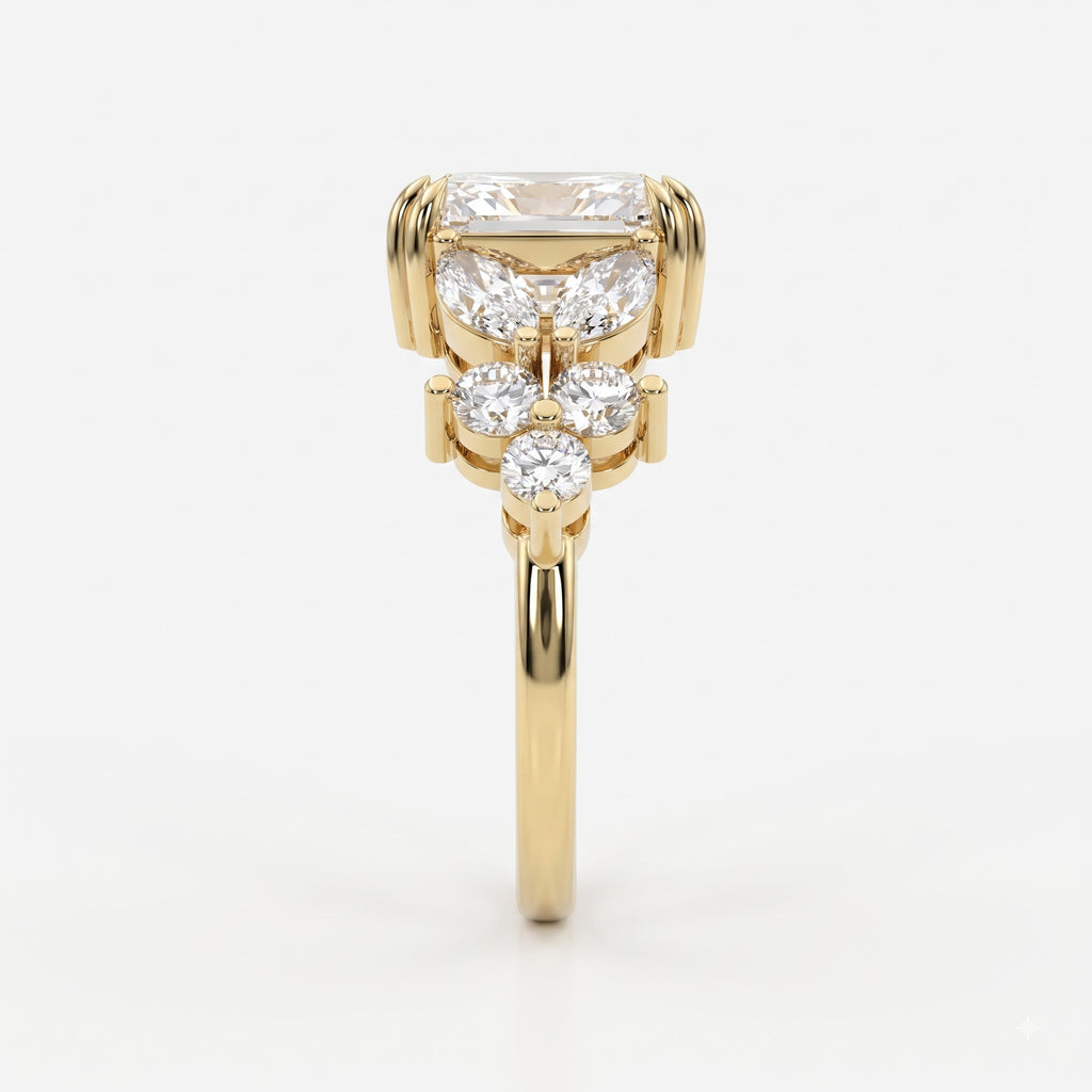 Aurelia Bloom Floral Radiant-Cut Diamond Side Stone Ring