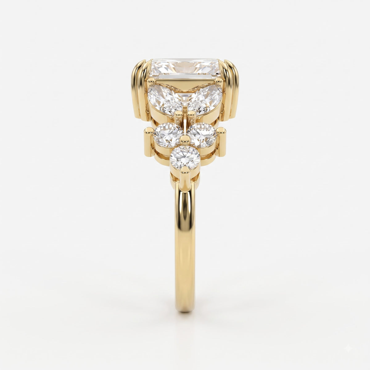 Aurelia Bloom Floral Radiant-Cut Diamond Side Stone Ring