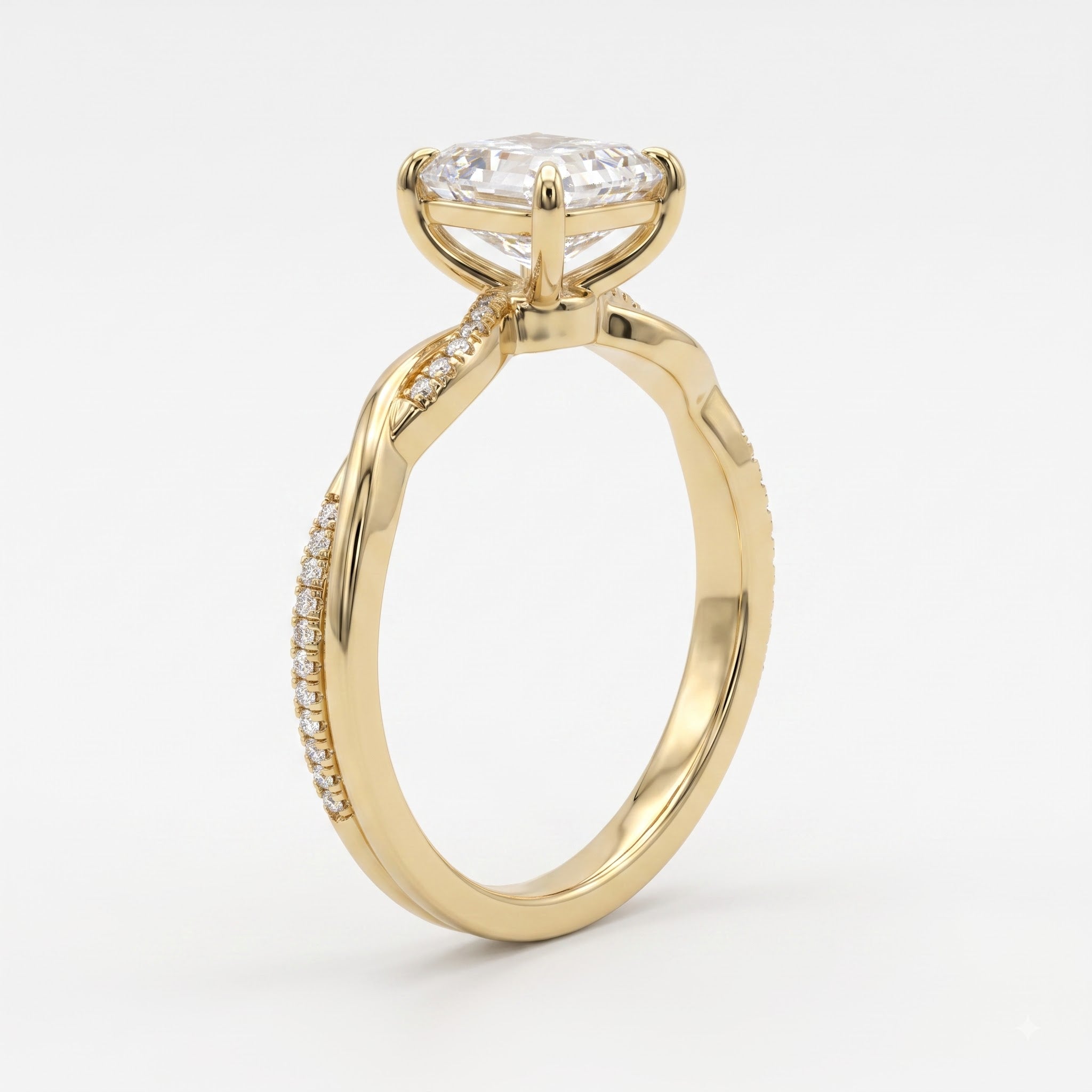 Asscher Cut Twist Pavé Diamond Side Stone Engagement Ring
