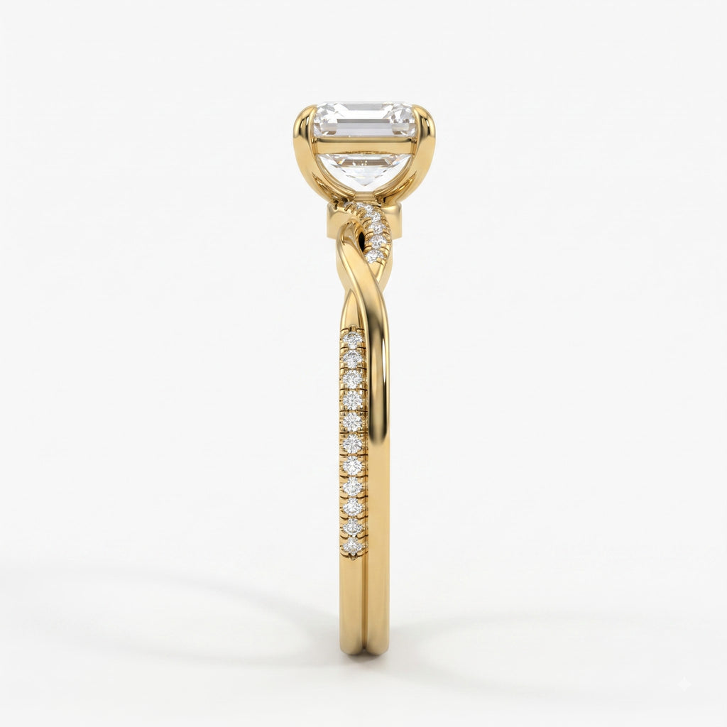 Asscher Cut Twist Pavé Diamond Side Stone Engagement Ring