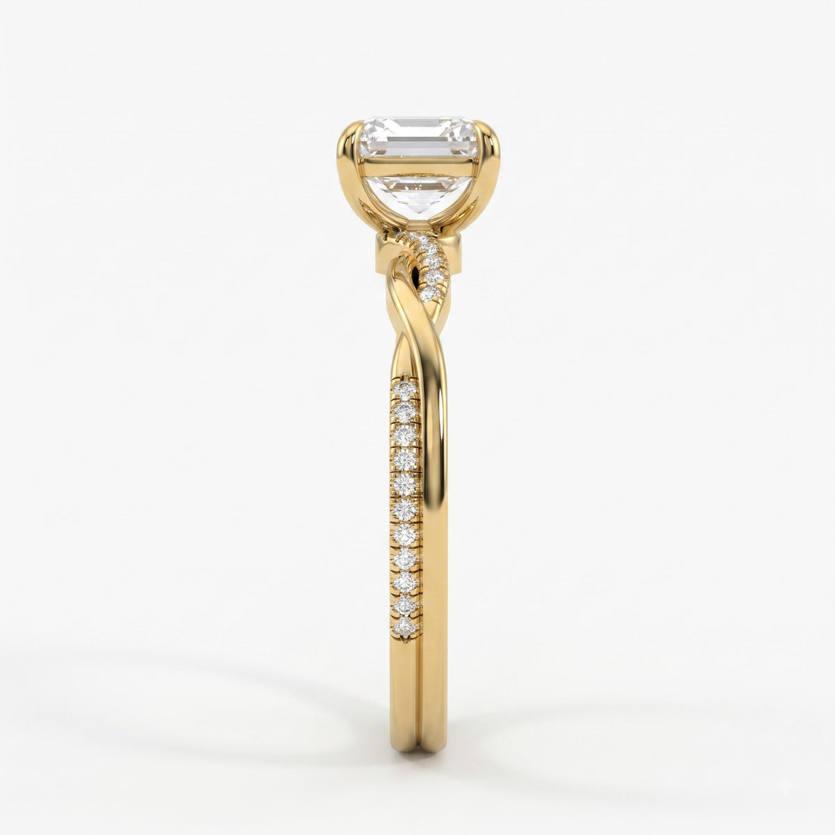Asscher Cut Twist Pavé Diamond Side Stone Engagement Ring