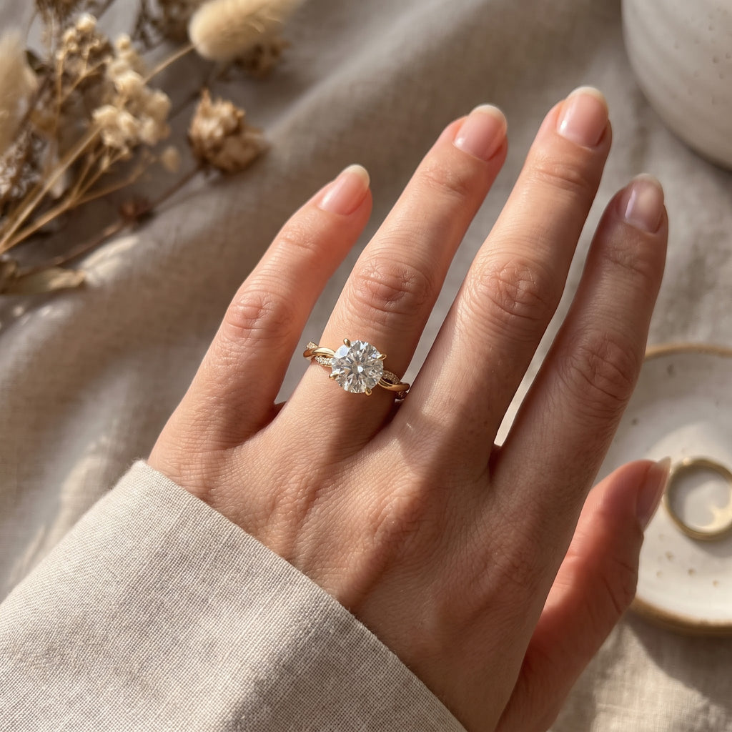 Round Brilliant Twisted Split-Shank Pavé Side Stone Engagement Ring