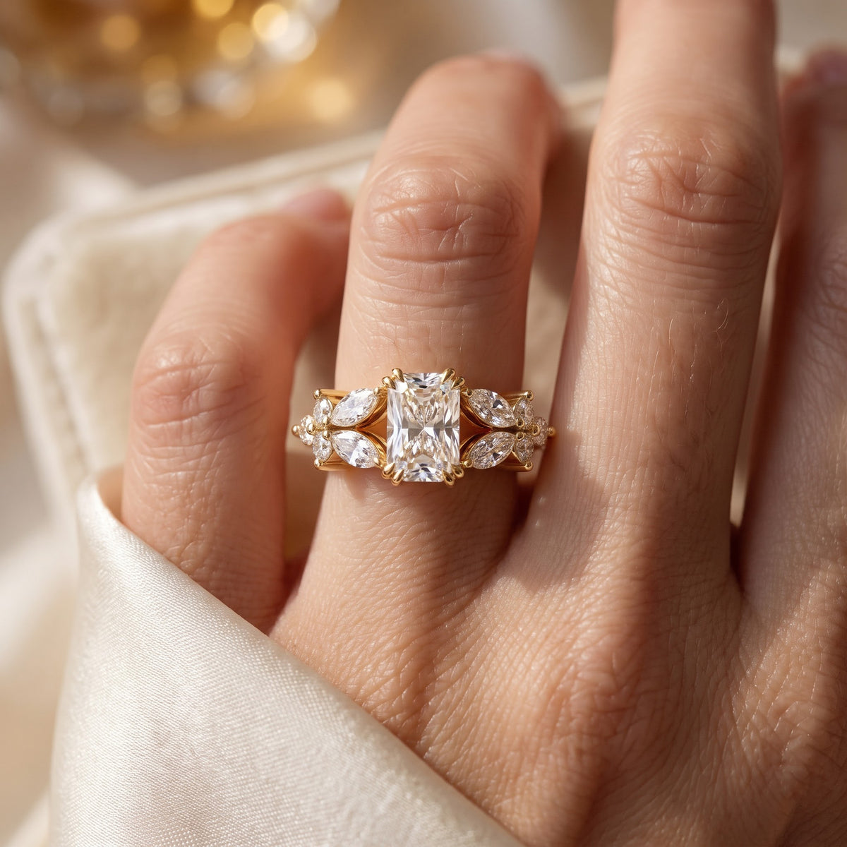 Aurelia Bloom Floral Radiant-Cut Diamond Side Stone Ring