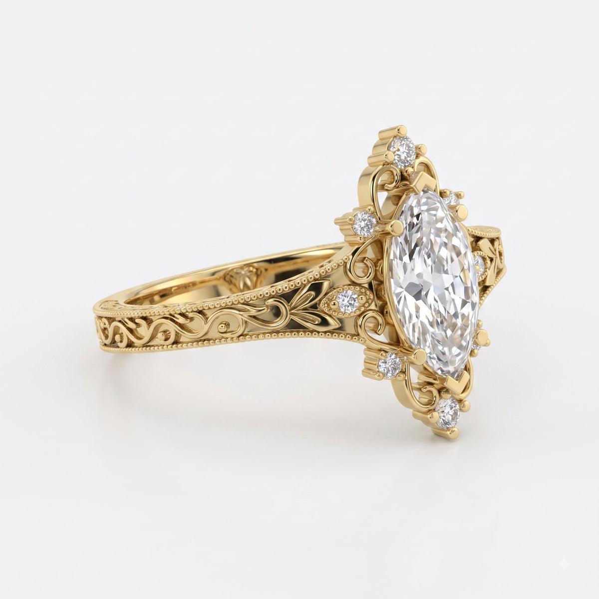 Luxurious Regal Filigree Marquise Diamond Vintage Ring