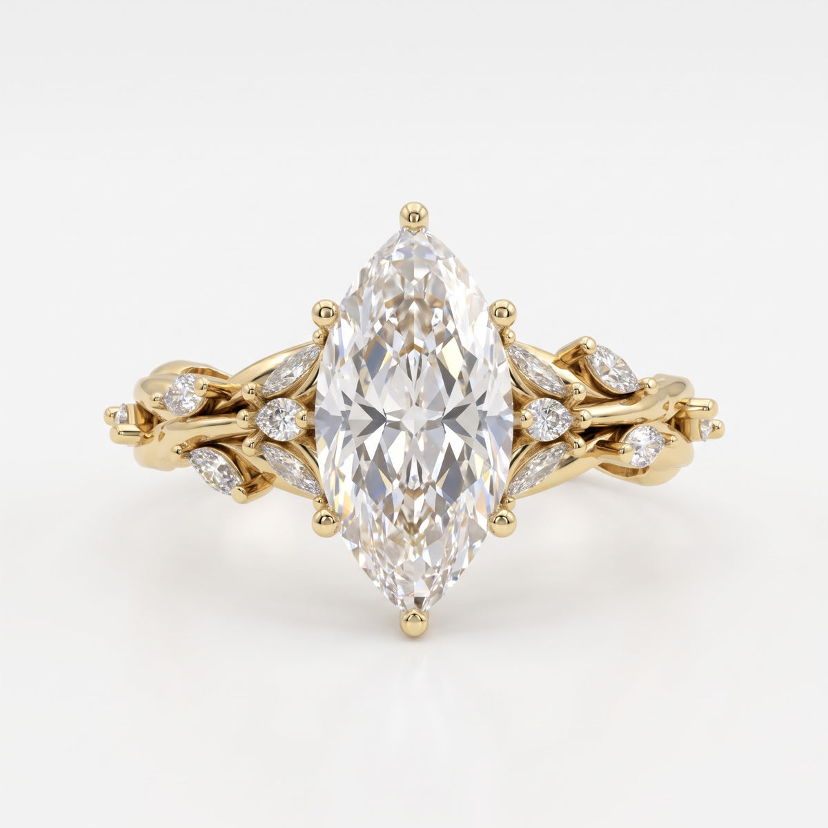 Elegant Floral Vine Marquise Diamond side stone Engagement Ring