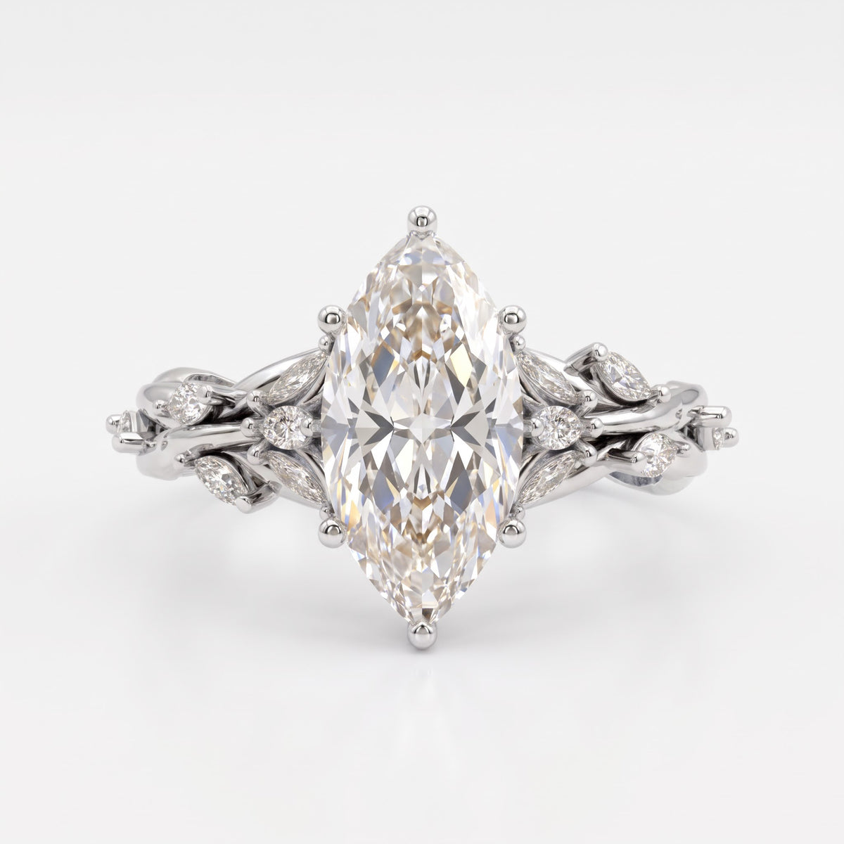 Elegant Floral Vine Marquise Diamond side stone Engagement Ring