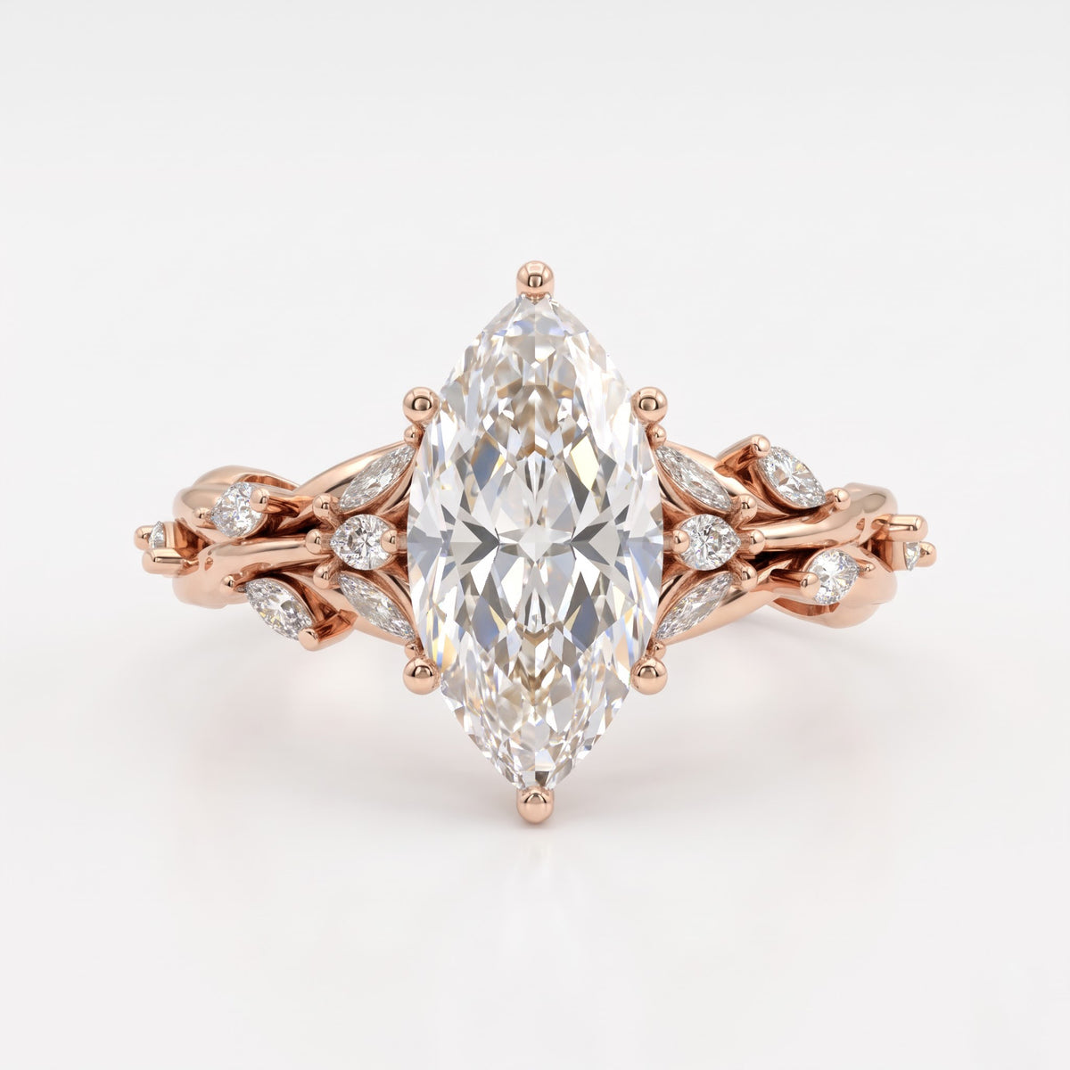 Elegant Floral Vine Marquise Diamond side stone Engagement Ring