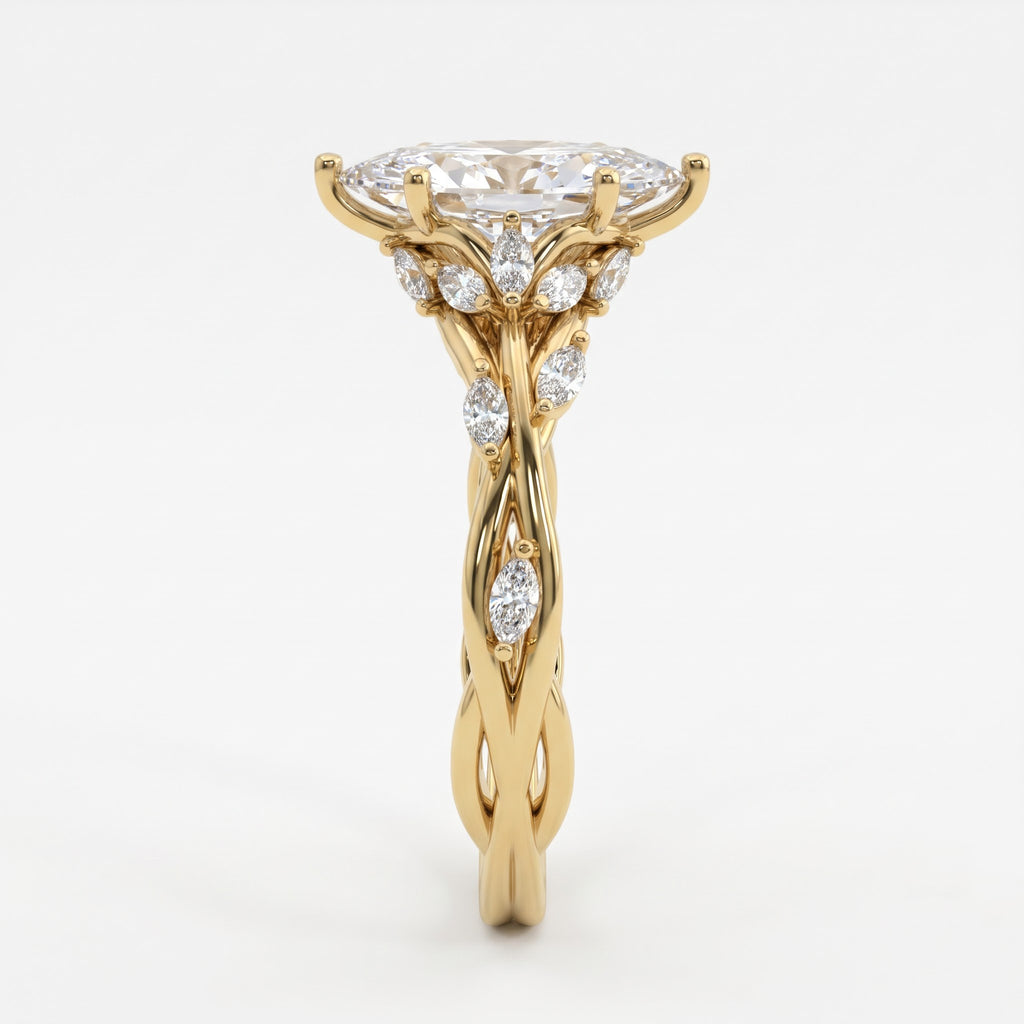 Elegant Floral Vine Marquise Diamond side stone Engagement Ring