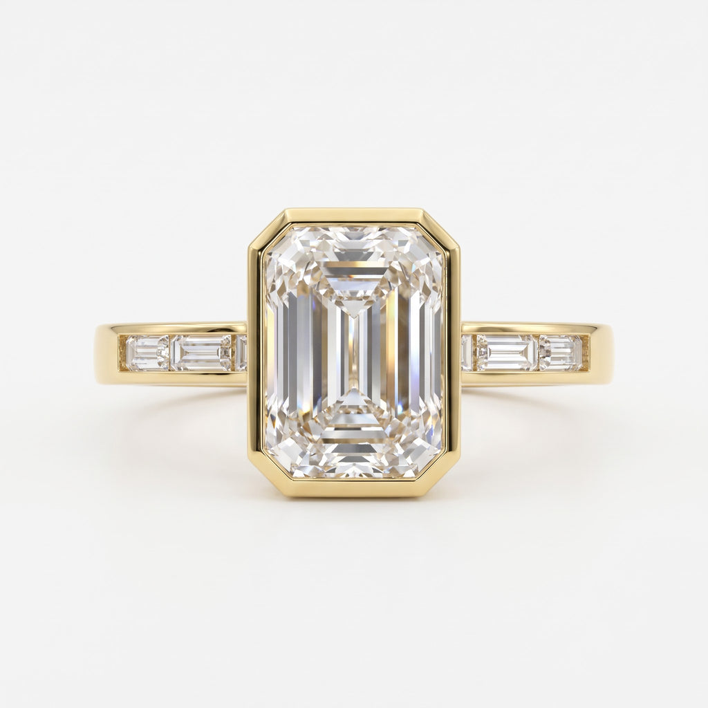 Luxury Emerald Cut Diamond Bezel Setting Side Stone Ring