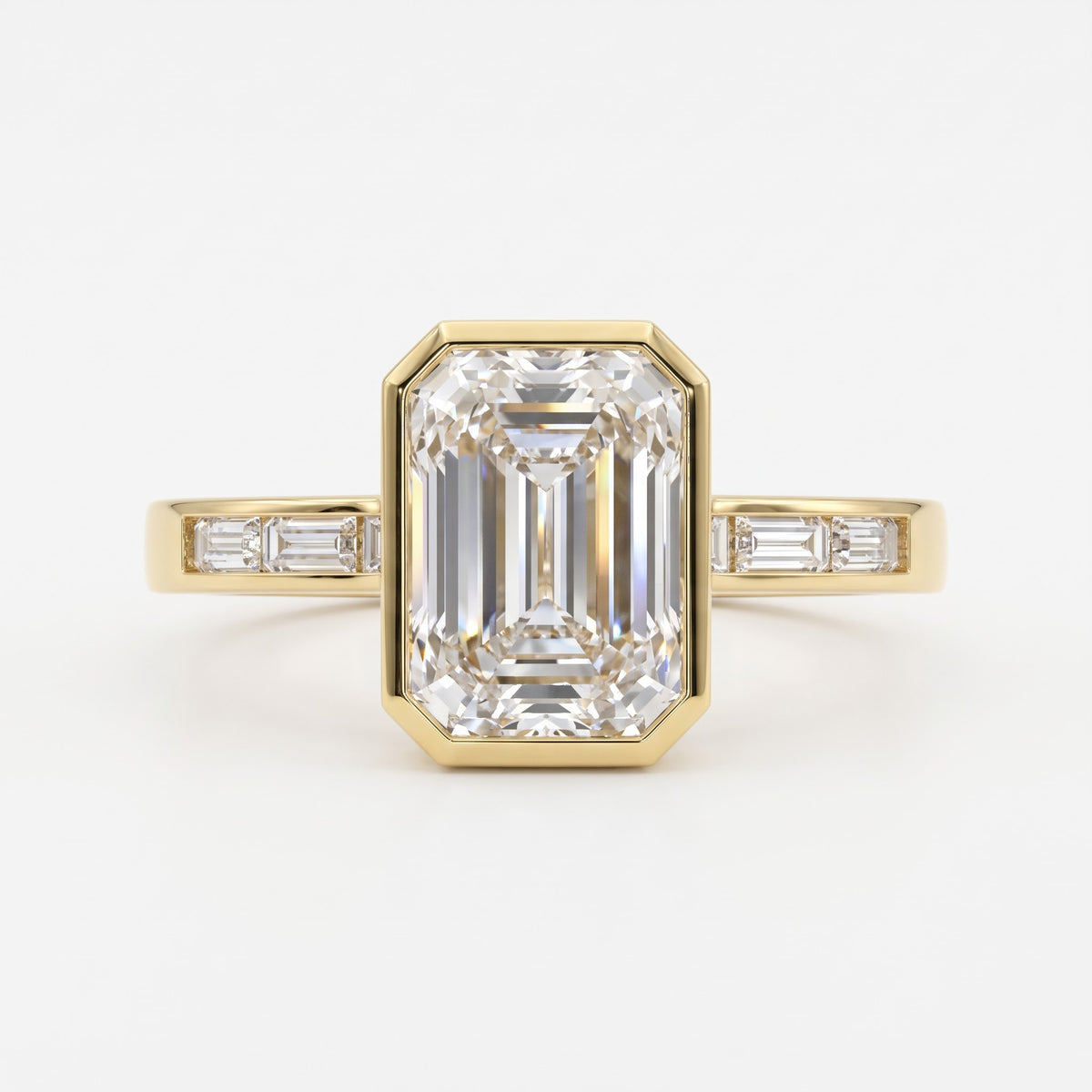 Luxury Emerald Cut Diamond Bezel Setting Side Stone Ring