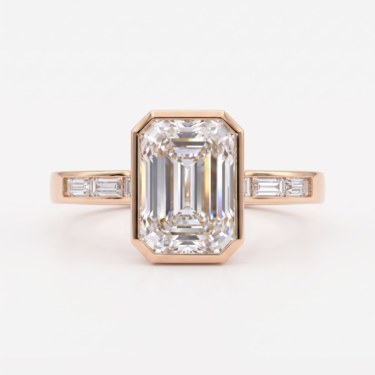 Luxury Emerald Cut Diamond Bezel Setting Side Stone Ring