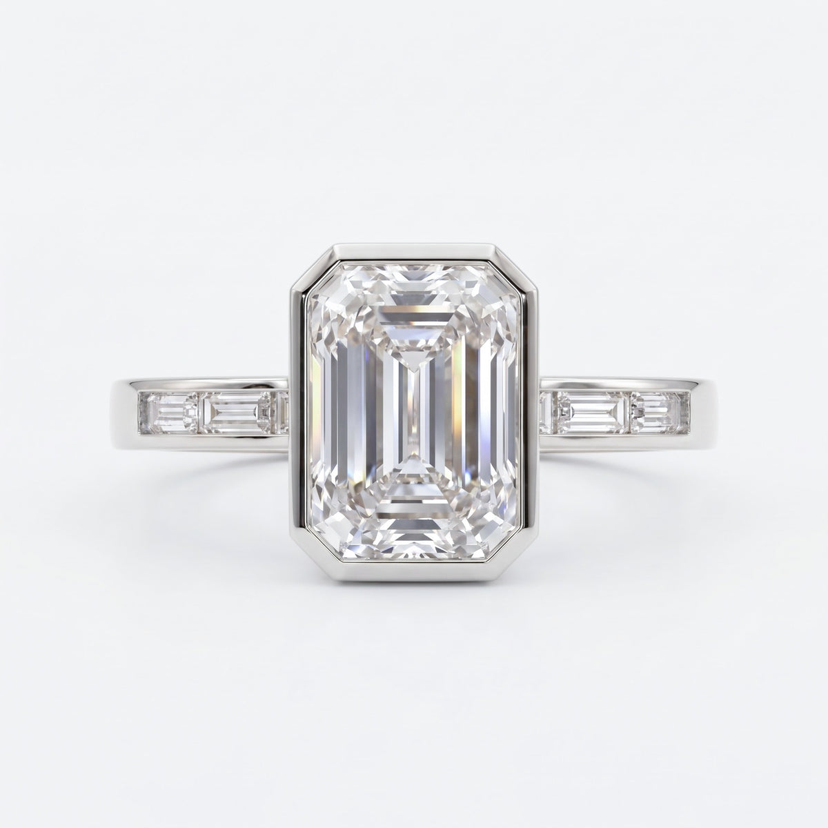 Luxury Emerald Cut Diamond Bezel Setting Side Stone Ring