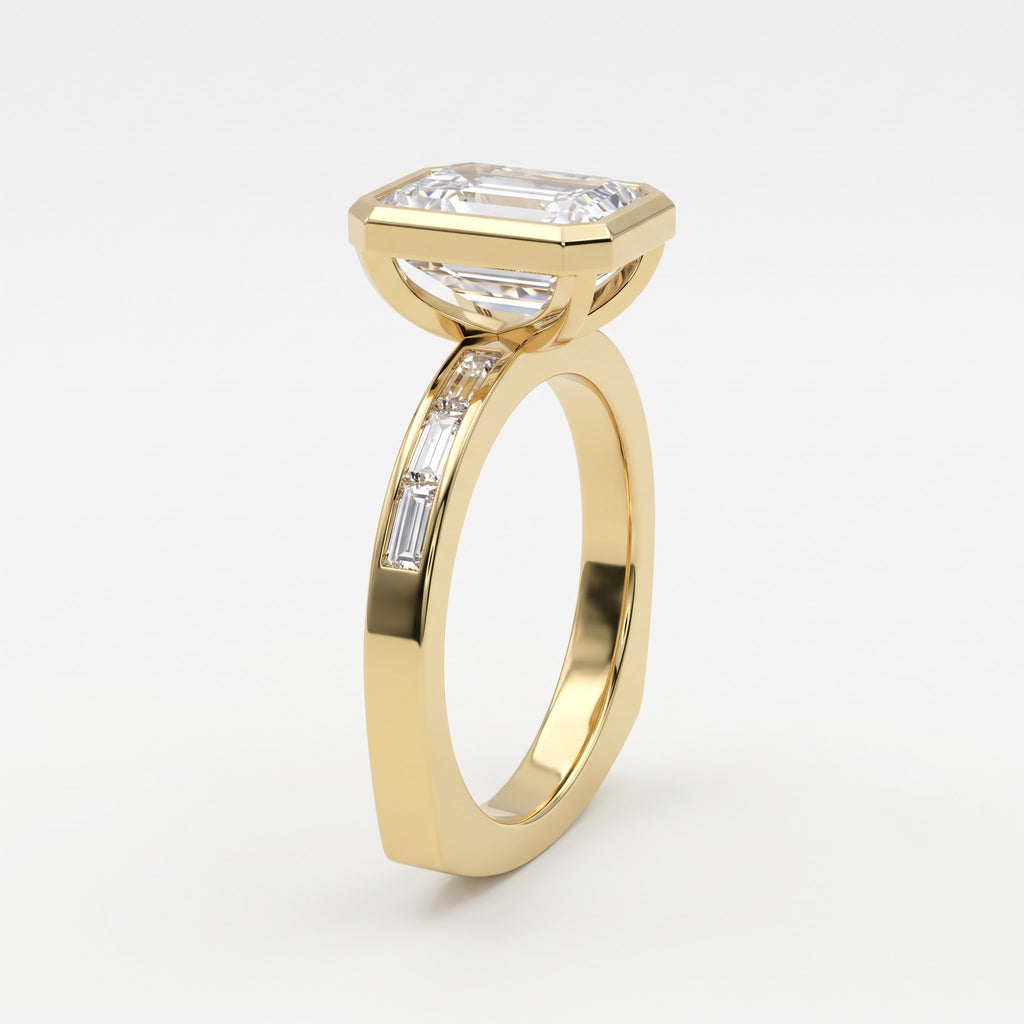 Luxury Emerald Cut Diamond Bezel Setting Side Stone Ring