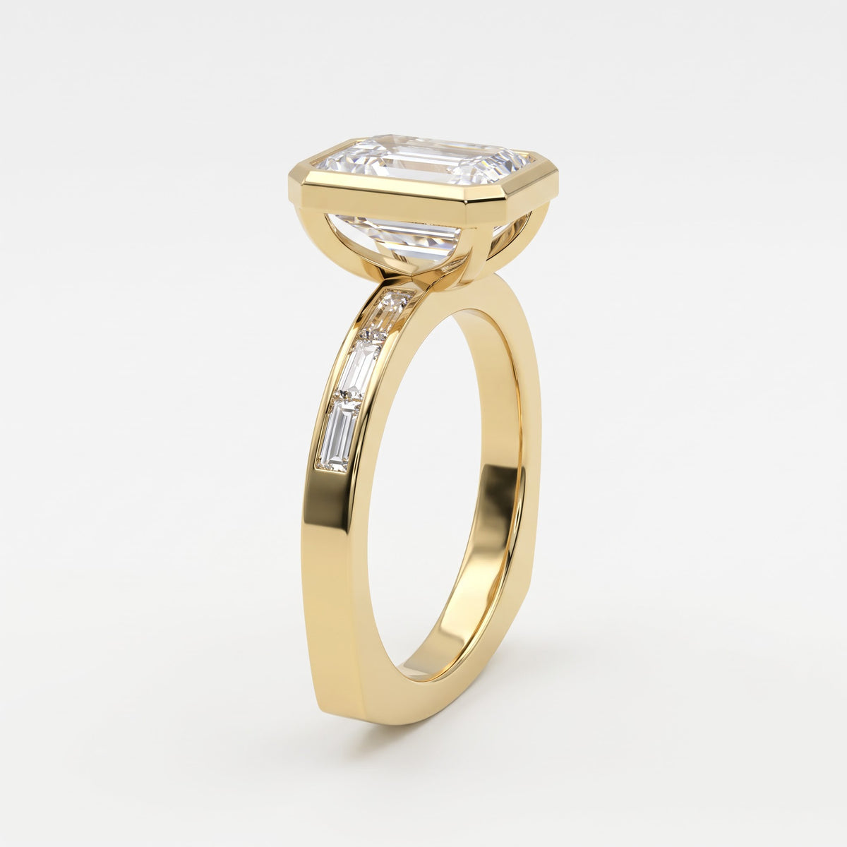 Luxury Emerald Cut Diamond Bezel Setting Side Stone Ring