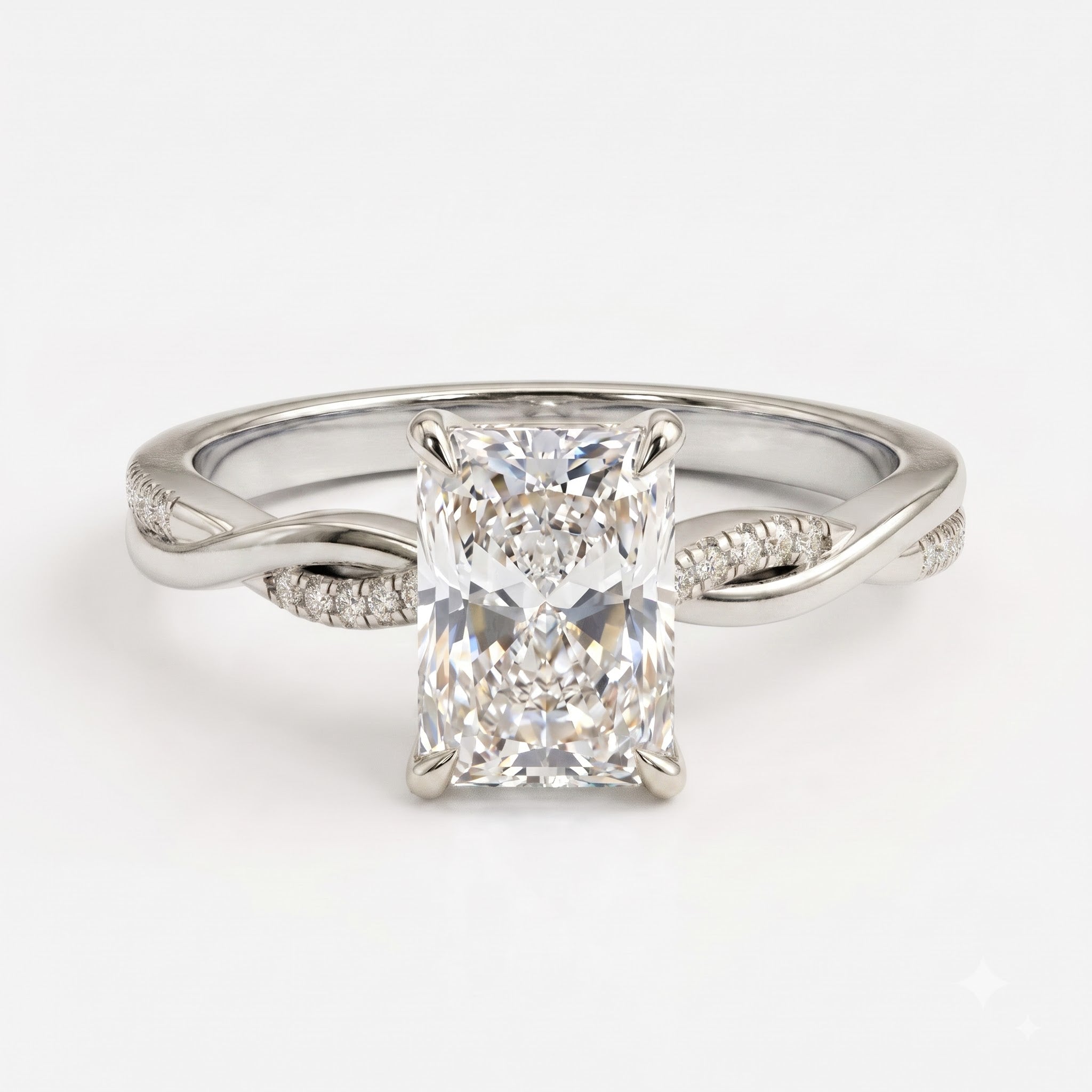 Radiant Diamond Sculpted Crossover Split-Shank Side Stone Ring