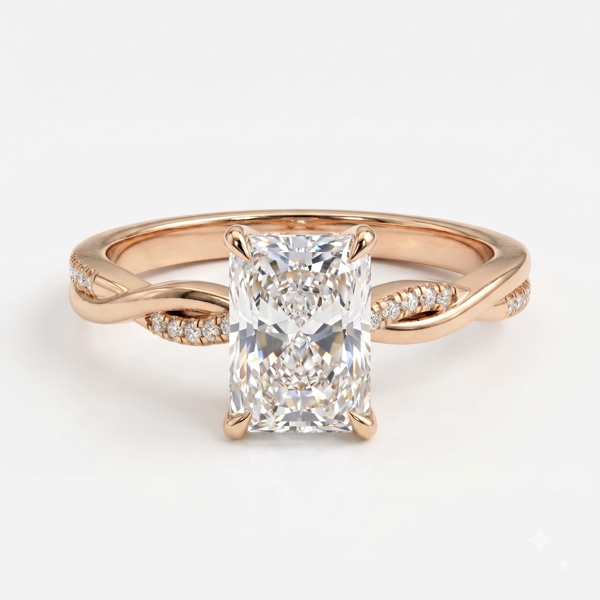 Radiant Diamond Sculpted Crossover Split-Shank Side Stone Ring