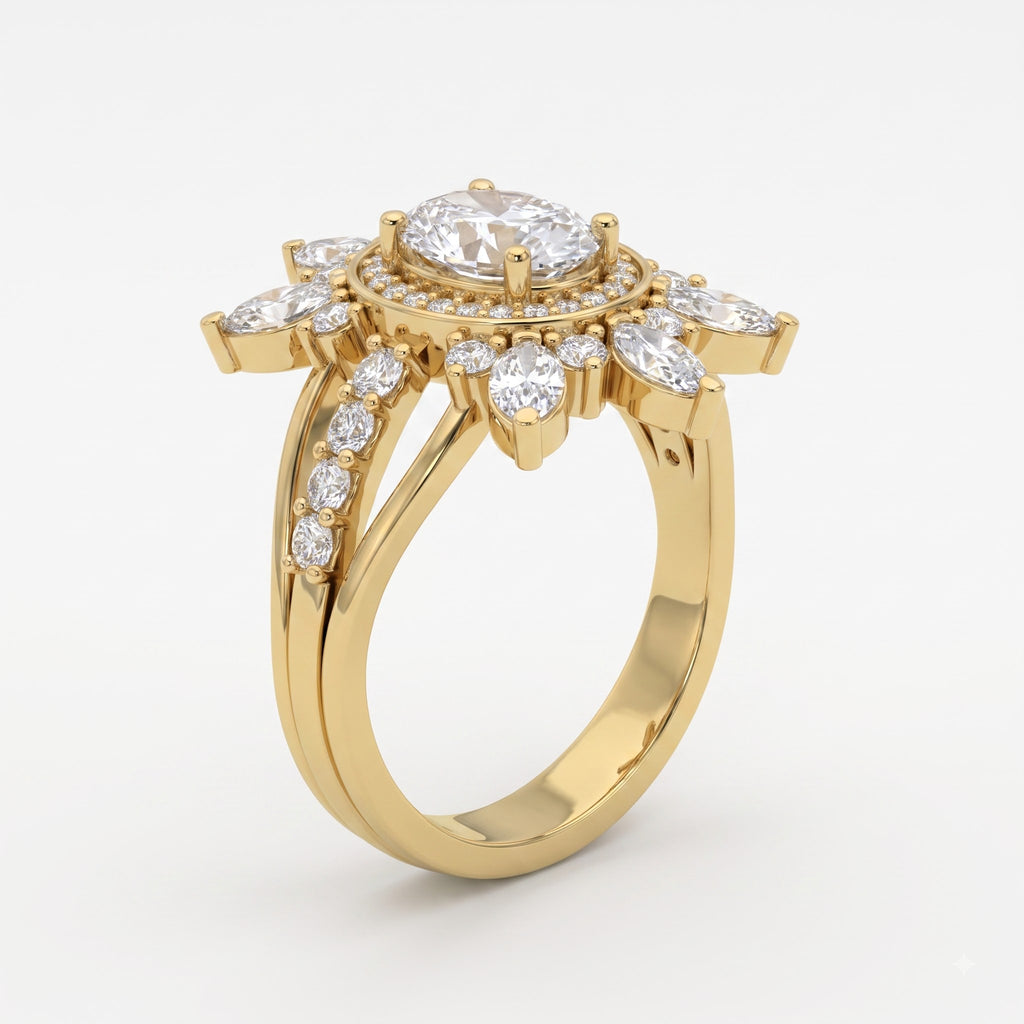 Celestia Bloom Oval Diamond Floral Sunburst Vintage Ring